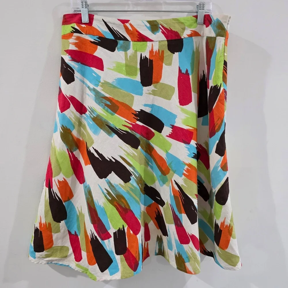 Ann Taylor Loft Womens Linen Skirt Size 12 Multi Color Abstract Brushstroke